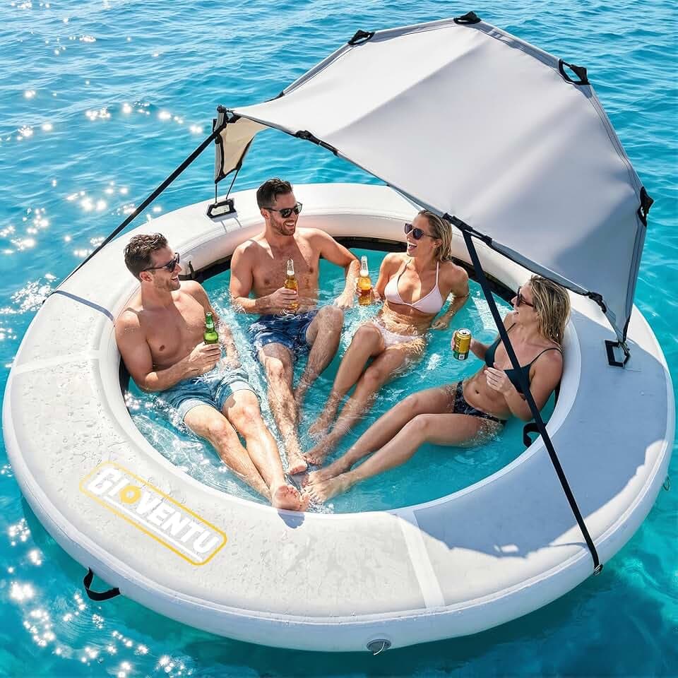 Inflatable Water Hammock, 8FT Lake Float for Adults, 660 LB Capacity, Round Float Ring with Cooling Mesh Center & Removable Shade Canopy, Drop-Stitch Platform for Pool, Lake & River