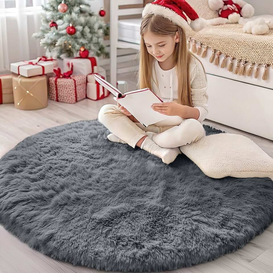 Homaxy Hochflor Waschbar Groß Teppich Wohnzimmer 160 cm Rund, Dunkelgrau