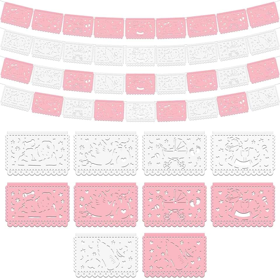 Epakh 5 Pack 60 Feet Papel Picado Baby Shower Banners, Pink/White