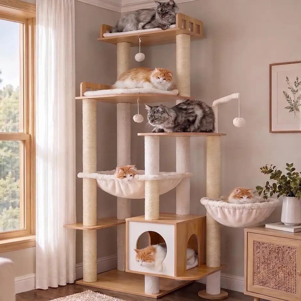 Heybly Cat Tree, 70.5" Wood Tall Cat Tower for Large Indoor Cats HCT121WB