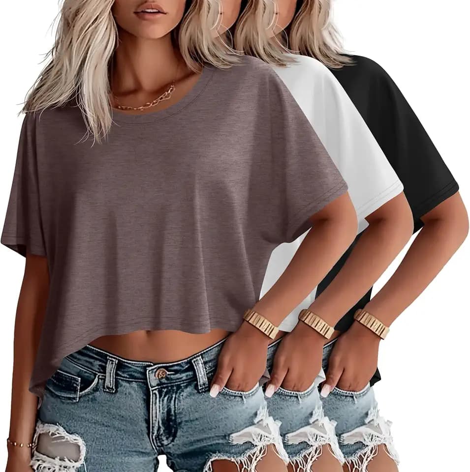 Huukeay 3 Pack Women's Oversized Cropped T Shirts