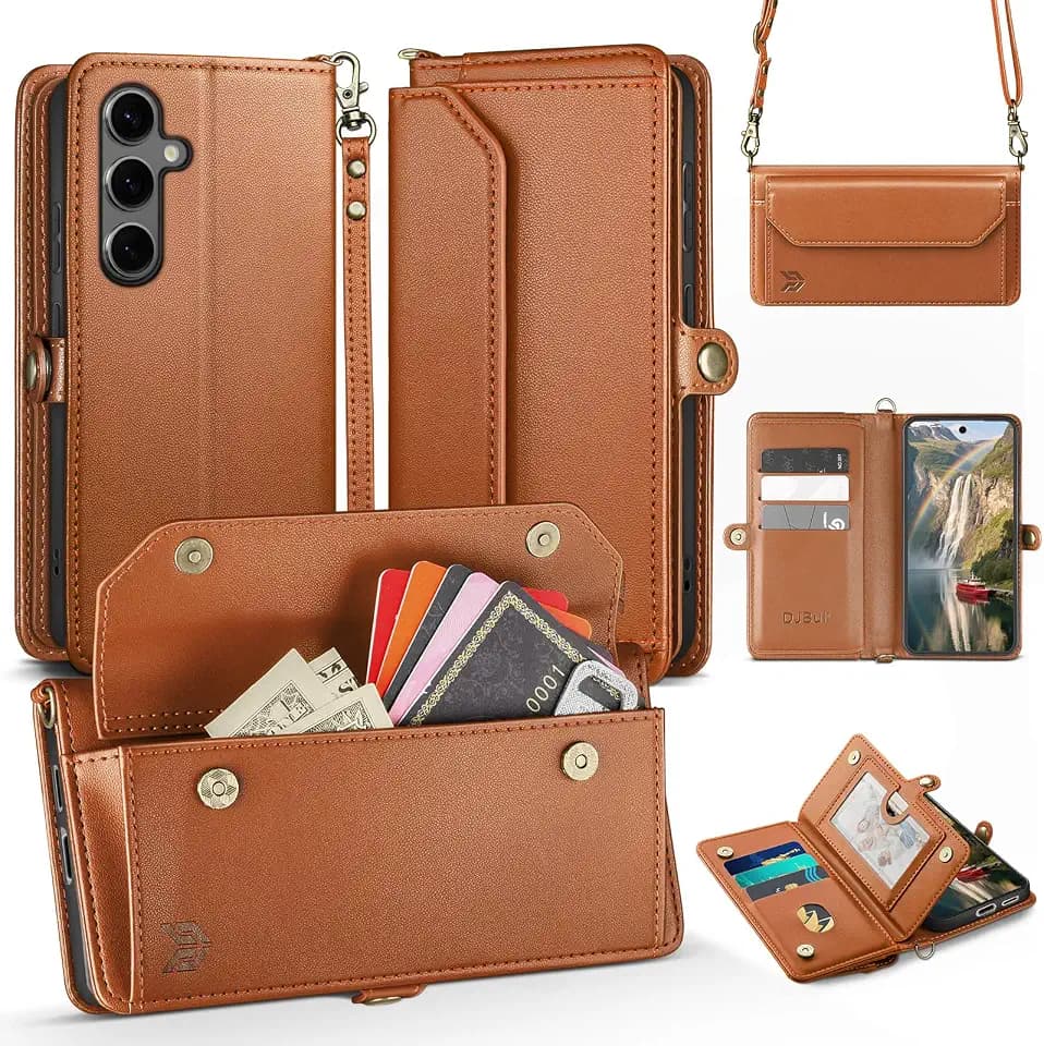 DJBull for Samsung Galaxy S25 Plus Wallet Case with Card Holder, Shoulder and Wristlet Straps, Soft PU Leather, Magnetic Snap, Flip Phone Case for Women Men for Samsung S25 Plus Light Brown