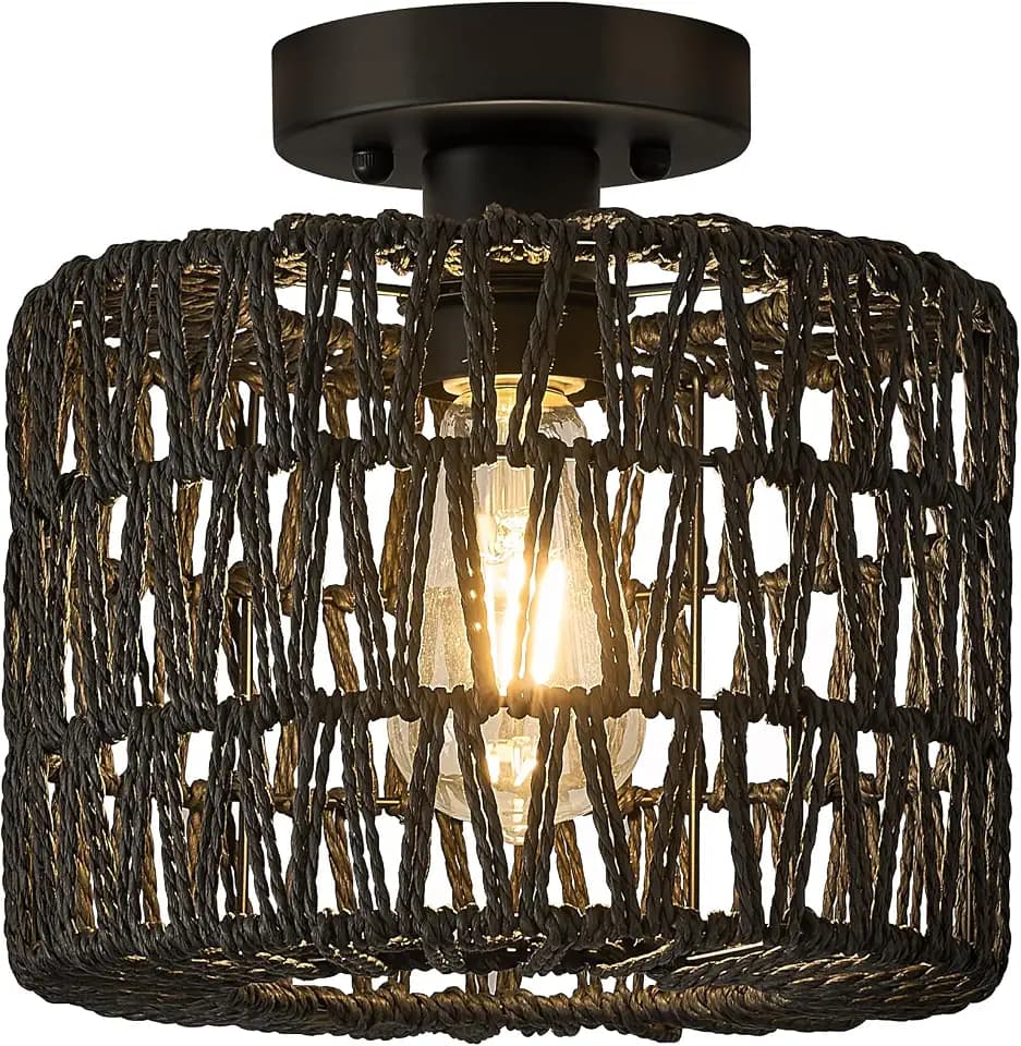 Qamra Rattan Deckenlampe, Boho Deckenleuchte Schwarz, E27, Ø25cm
