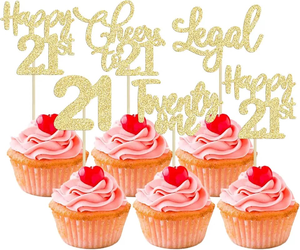 30 Pack Happy 21st Birthday Cupcake Toppers Gold Glitter Happy 21st Cheers to 21 Years Old Birthday Cupcake Picks for Happy Anniversary Party Cake Decorations