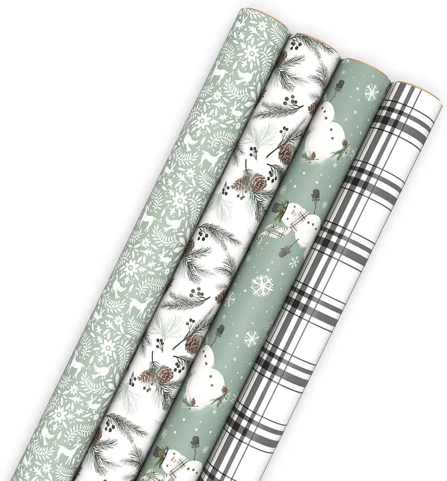 Hallmark Sage Green Christmas Wrapping Paper, 4 Rolls (Plaid, Snowmen)