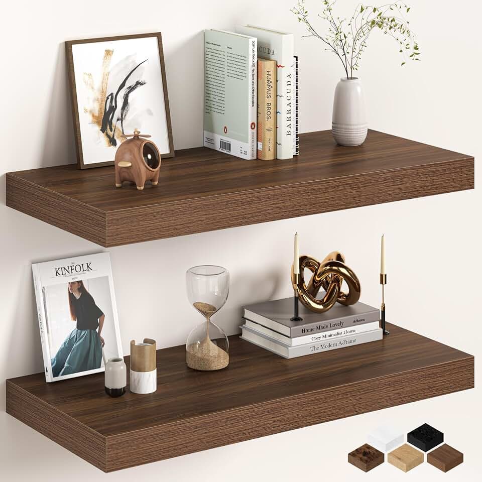 30Inch Walnut Floating Shelves for Wall, 12 Inch Deep Shelves for Bedroom, Kitchen, Bathroom Wall Mounted, Rustic Wood Floating Shelf with Invisible Brackets for Books, Storage, Decor, 2 Packs