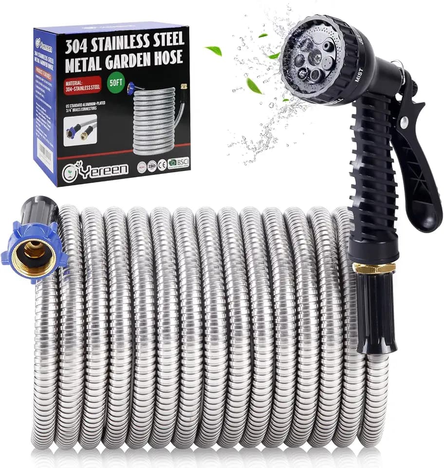 304 Stainless Steel Garden Hose, 75 ft Metal Garden Hose with 3/4" Connector Fittings and Sprayer, Heavy Duty Kink Free Flexible Outdoor Water Hose, Blue