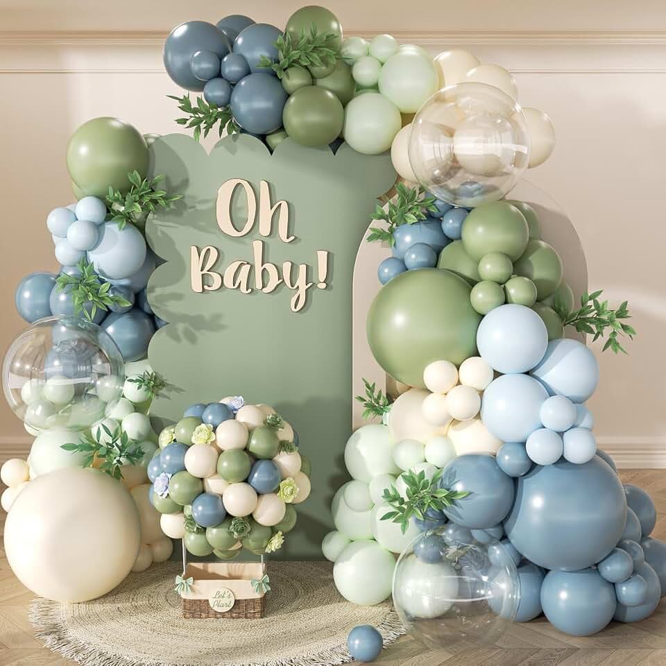 Dusty Blue Sage Green Balloon Arch Kit 139Pcs Fog Blue Pastel Green White Sand Balloons for Baby Shower Birthday Jungle Safari One Silly Goose Theme Wedding Bride Party Decorations for Boy Girl Adult