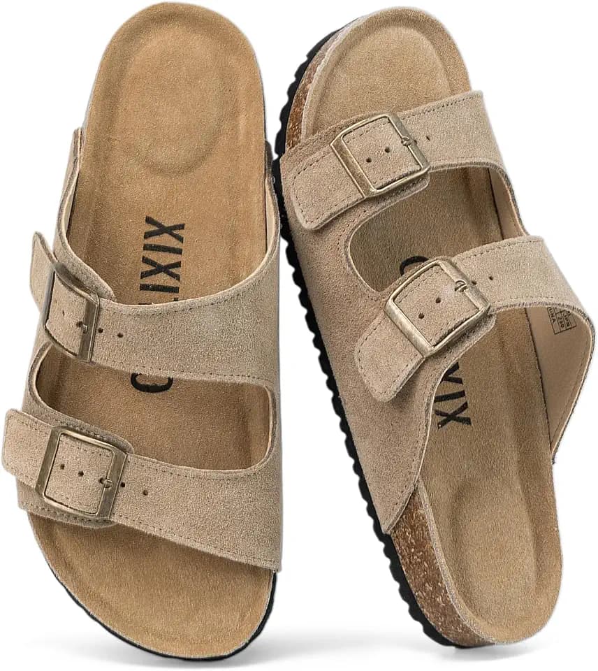 XIXITIAO Suede Sandals Womens with Adjustable Dual Buckle, Flat Slides Sandals with Arch Support Cork Footbed, Non Slip EVA Lightweight Slippers for Summer