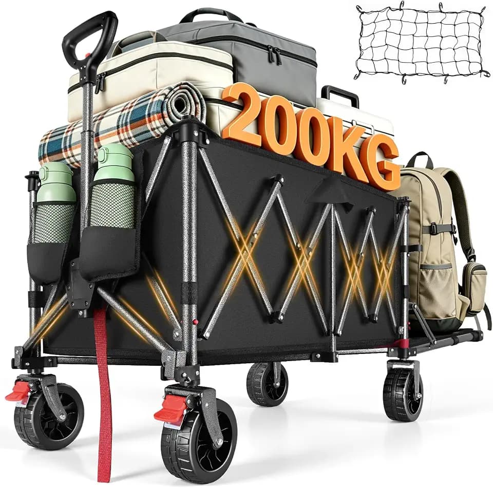 YEAUPE PRO Bollerwagen Faltbar 220L 200KG, 17cm All-Terrain-Räder, Schwarz