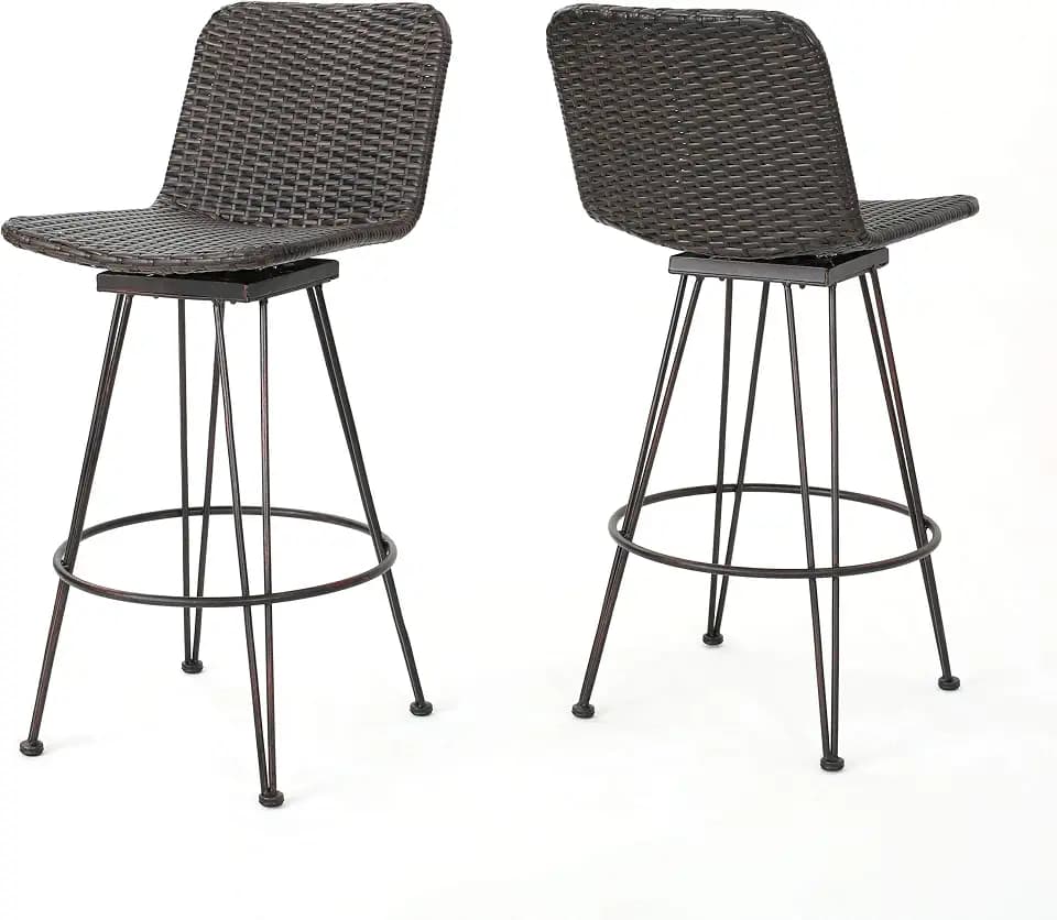 Christopher Knight Home Torrey Outdoor Wicker Barstools with Iron Frame, 2-Pcs Set, Multibrown / Black Copper