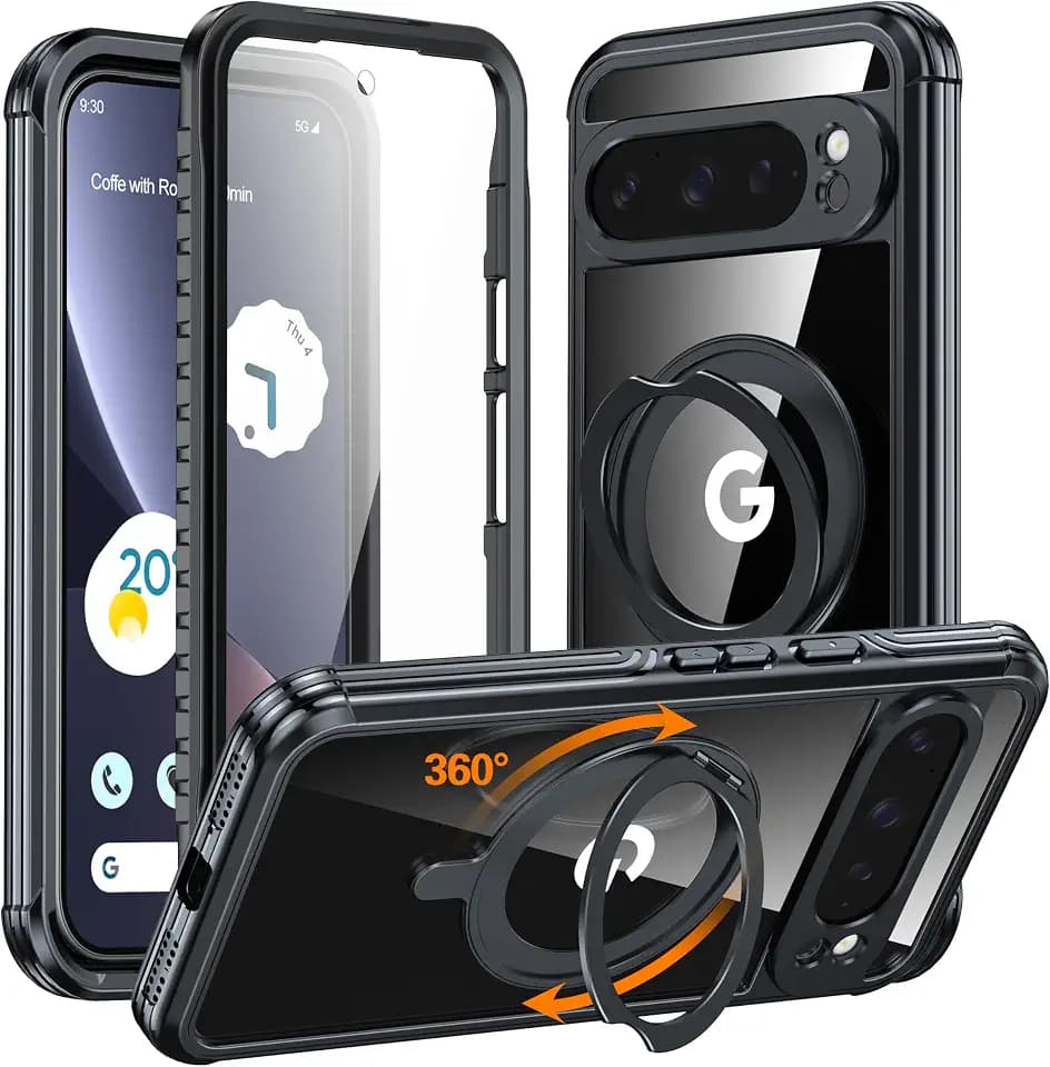 GUSTAVE Magnetic stand for Google Pixel 9 Pro XL Case [Fit for MagSafe] [360°Rotatable Stand] [Built-in Tempered Glass Screen Protector] Full-Body Shockproof Military-Grade Protective Case