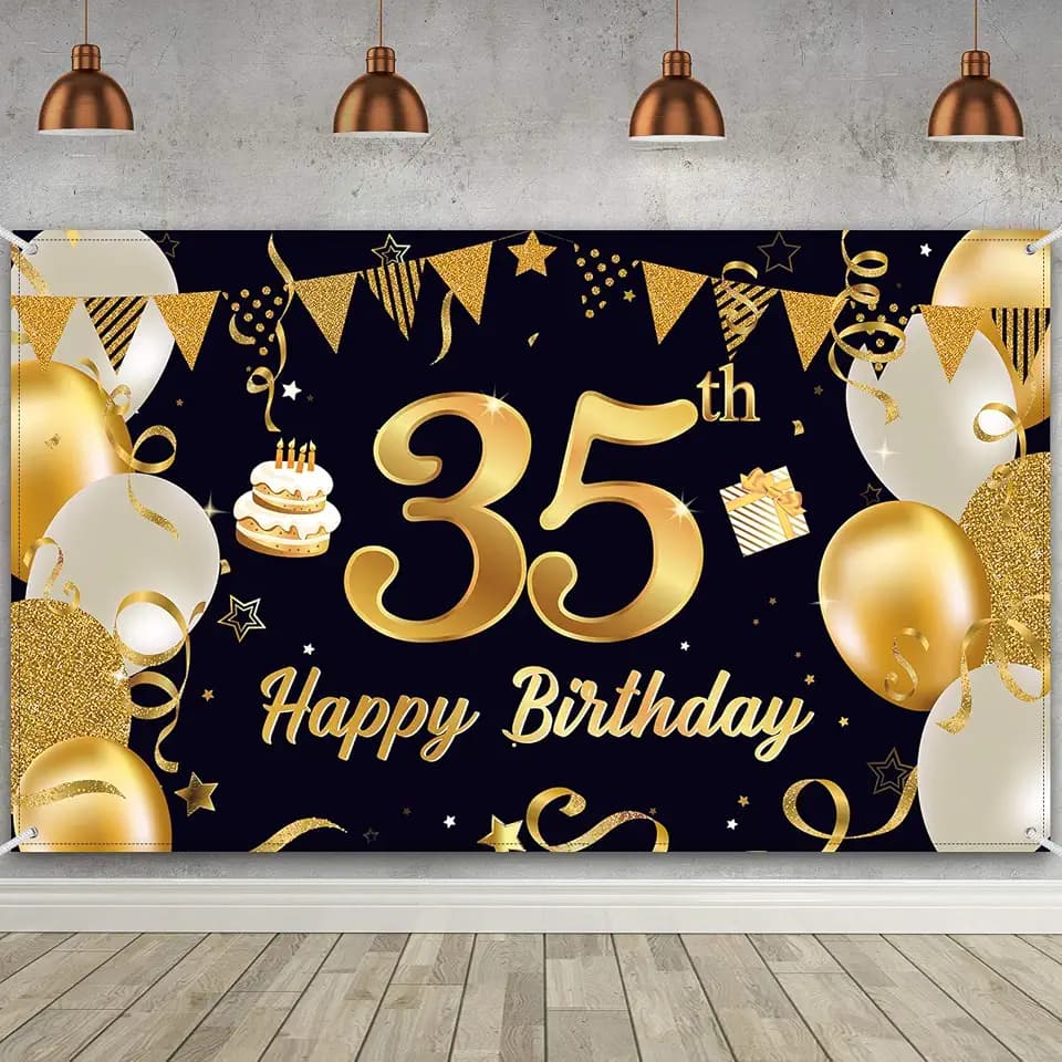 Sumind 35th Birthday Banner for Men, Black Gold Backdrop 72.8 X 43.3 Inch