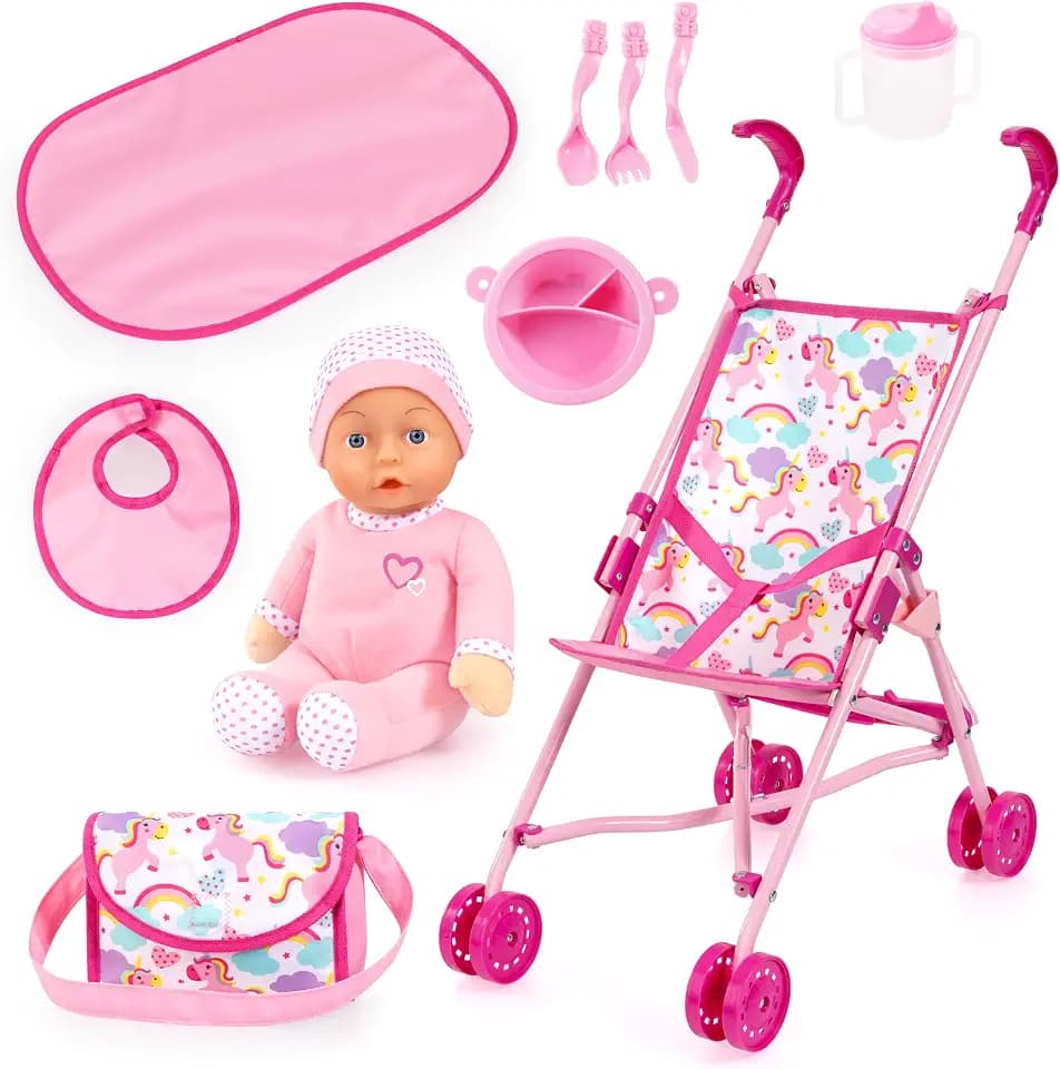 Bayer Design 30585AB Faltbarer Puppenbuggy, Doppelräder, mit weicher Babypuppe, Tasche, Zubehör, Rosa