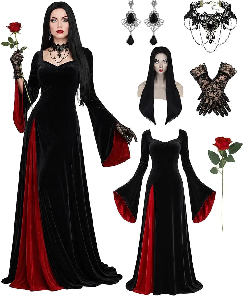 Aileam Morticia Addams Costume Halloween Morticia Addams Dress Gothic Witch Costume Women Velvet Black Outfit Cosplay Party
