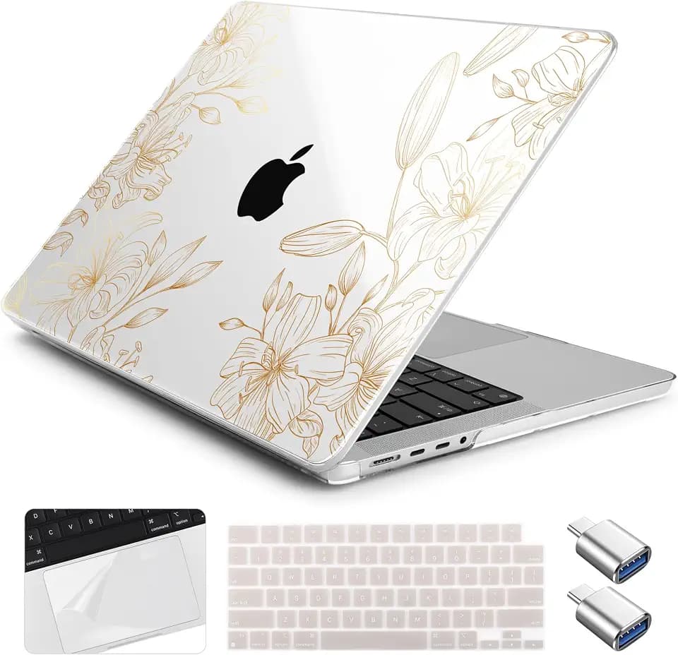 for MacBook Pro 14 inch Case 2026 2025-2021 Release M5 M4 M3 M2 M1 Pro/Max A3427 A3426 A3434 A3112 A3185 A3401 A2918 A2992 A2779 A2442,Case&Keyboard Skin&Trackpad Film&2 OTG, Golden Floral