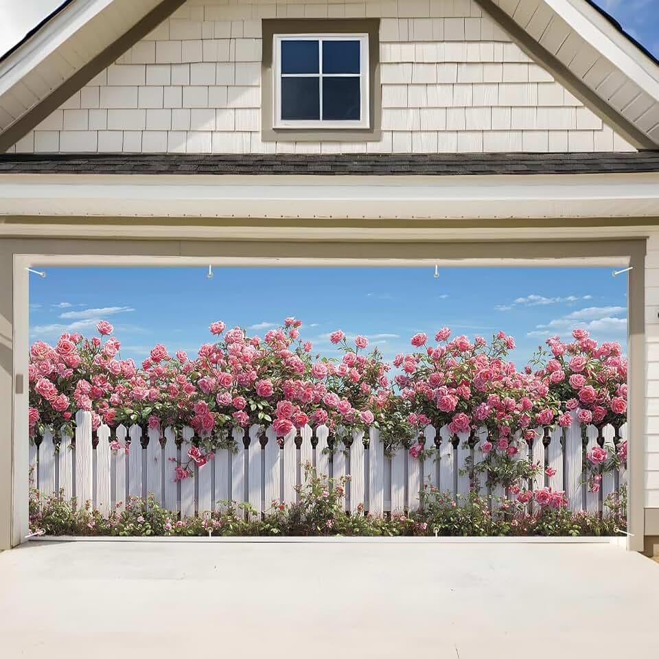 Rose Garden Garage Door Banner 6x13FT, Pink Roses and White Fence Garage Door Cover, Large Outdoor Floral Decoration for Garage Doors, Garden Fence & Spring Summer Party Backdrop
