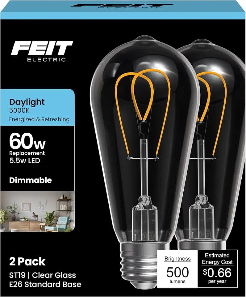 Feit Electric ST19 LED Vintage Light Bulb, 60W Equivalent, Dimmable, 5000K Daylight, 90+ CRI, Decorative Glass Filament, E26 Base, Indoor Use, 17,000-Hour Lifetime, ST1960M2/950CAFIL/2, 2 Pack