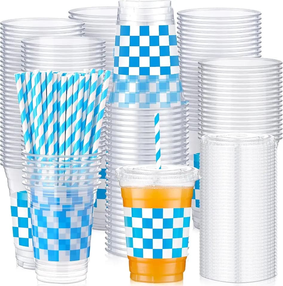 meekoo 50 Sets Oktoberfest Blue Cup with Flat Lids and Straws 12 oz