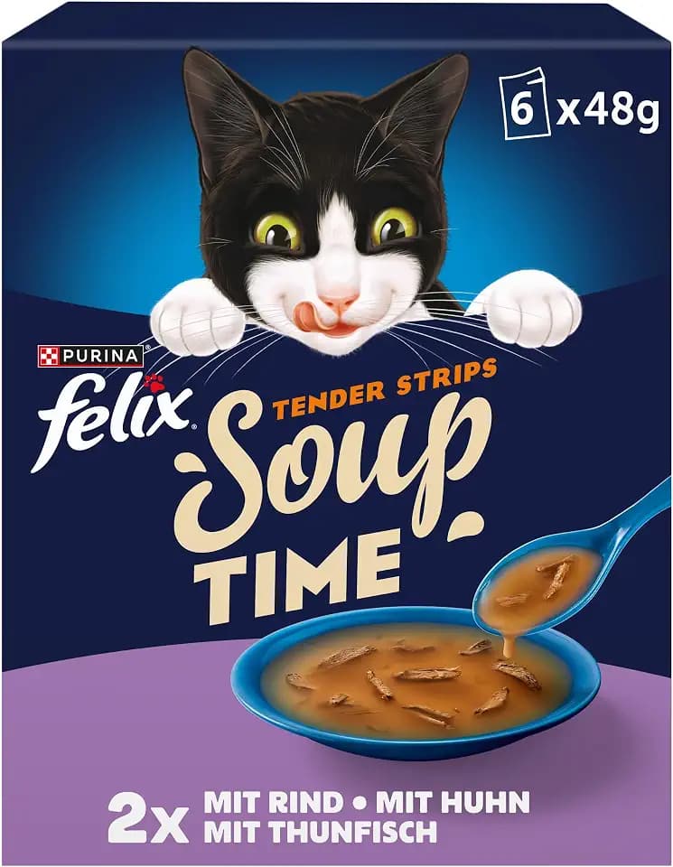 FELIX Soup Tender Strips, Suppe für Katzen, 48er Pack (8 x 6 x 48g)