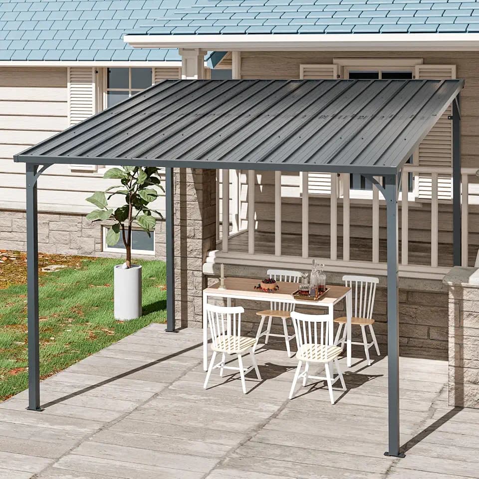 KEIKI 8x10 Ft Gazebo Outdoor, Hard Top Lean to Grill Gazebos Pergola with Roof, Backyard Waterproof Patio Covers for Shade & Rain, Wall-Mounted Large Heavy Duty Awnings for Outside Decks, Black