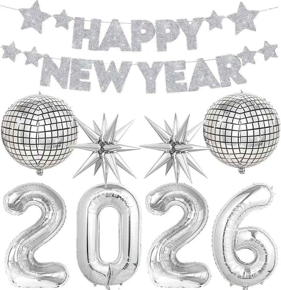 ALEGRE® Silvester Deko 2026,Silber Happy New Year Deko Set mit Neujahr Deko Silvester 2026 Luftballons und Happy New Year Girlande,Discokugel Folienballon,Silvesterdeko Ballons für Silveste Party Deko