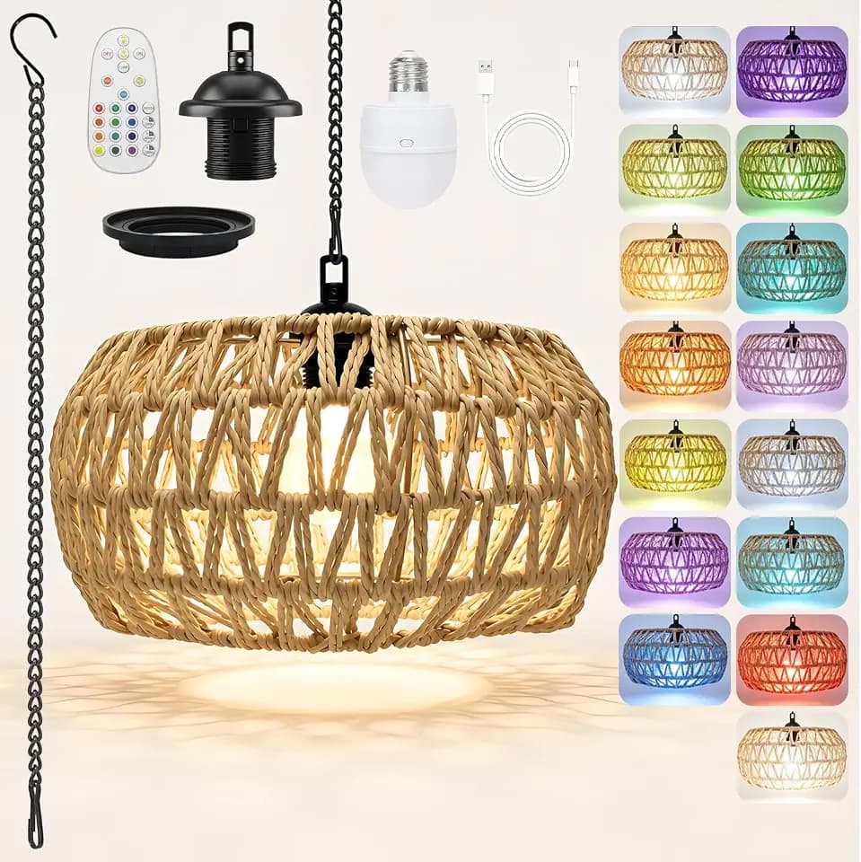 11.8" Battery Operated Chandelier with Remote, 15 Colors RGB LED Pendant Light, with Remote & 1 Detachable Rechargeable Bulb, Boho Cordless Pendant Light for Indoor Outdoor Patio