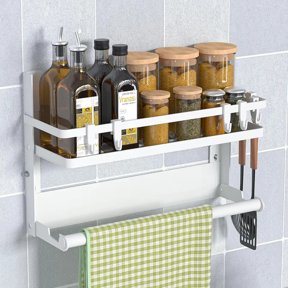 DUNSOO Gewürzregal Wand mit Küchenrollenhalter und 4 Haken, Küchenregal Ohne Bohren aus Edelstahl, Wandregal Hängend für Küchen und Bad Organizer, Weiß