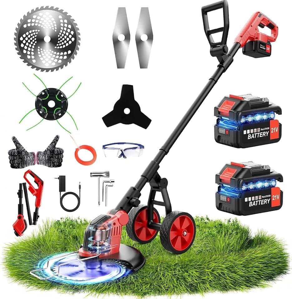20000 RPM Electric Weed Wacker with Wheel,12″ Brushless Cordless Weed Eater Battery Powered,4-in-1 Brush Cutter/String Trimmer/Grass Edger/Tiller for Garden,Weed Trimmer,2 Battery (Red)