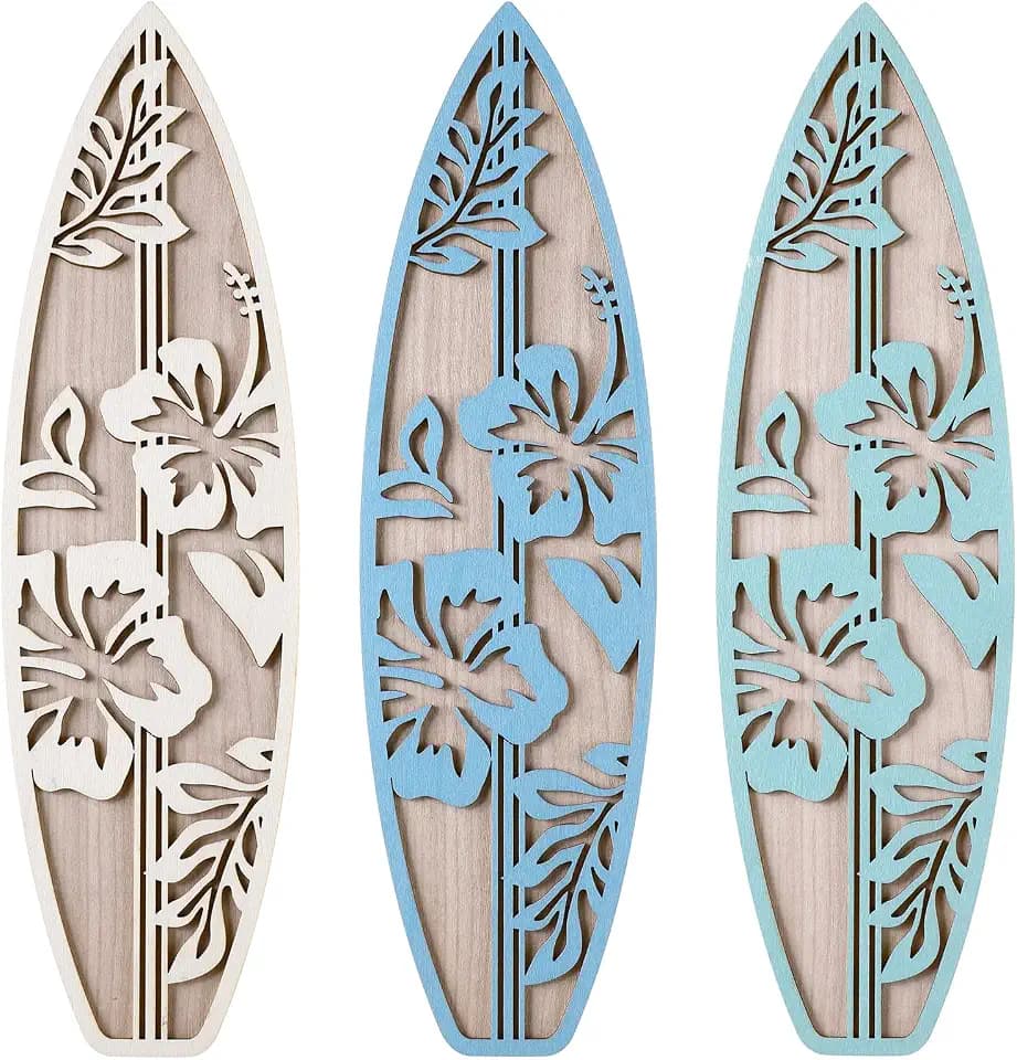 RattanView 3 Pcs Wood Surfboard Wall Decor, Hibiscus, Blue