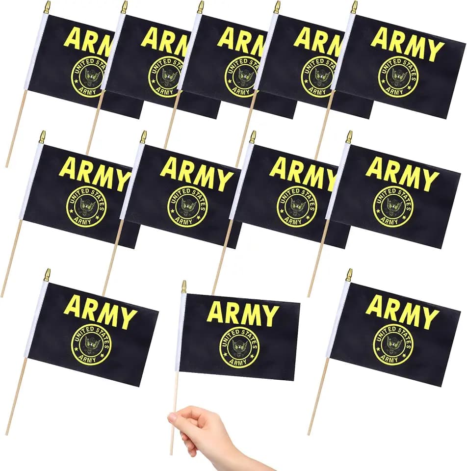 12 Pack USA Gold Crest Miniature Small Wooden Stick Flags Military Mini Handheld Flag Patio Lawn & Garden Outdoor Decorations,8x5 Inch