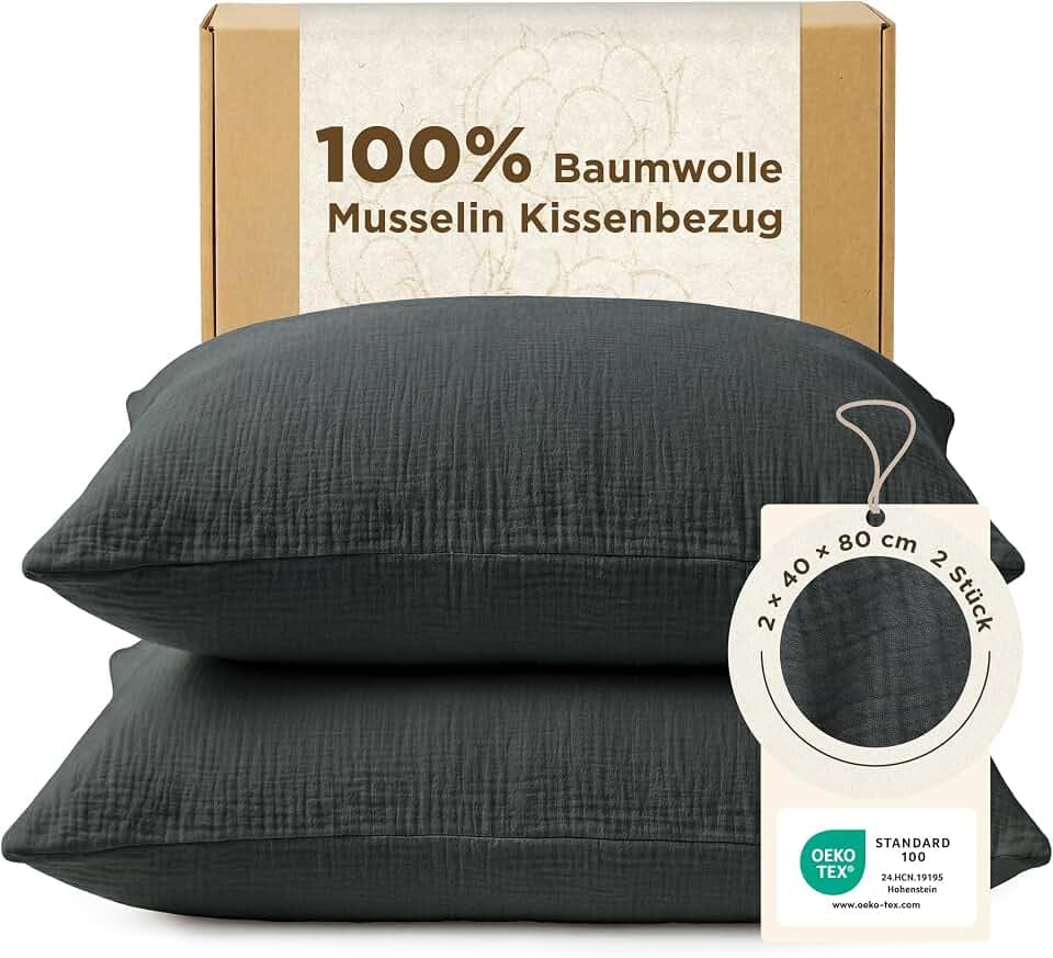 BEDSURE Musselin Kissenbezug 40x80 2er - Anthrazit, Baumwolle, Oeko-TEX