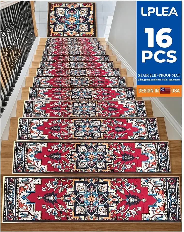 Non-Slip Stair Tread Set for Wood Steps 16PCS - 15PCS 8"X 30" + 1PCS 30"X 30" Washable Stain Resistant Stair Carpet, Indoor Safety Stair Mat for Elderly, Dogs & Pets