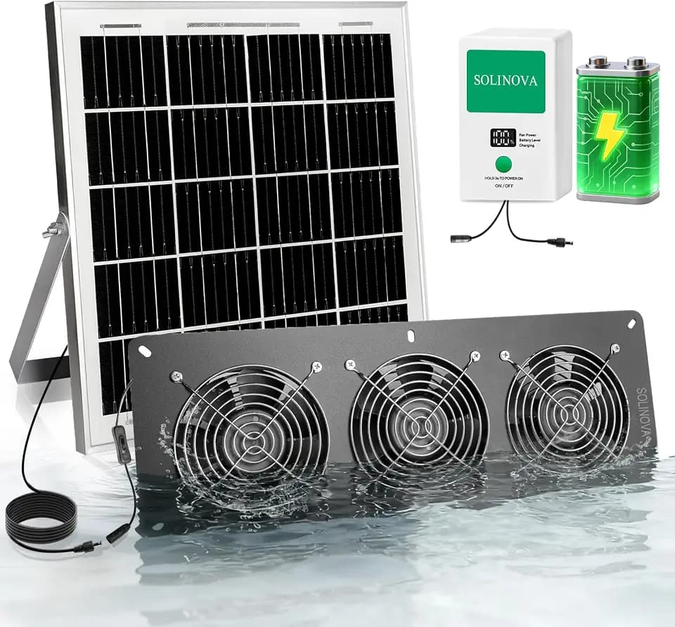 Solar Fan, 25W Solar Exhaust 3-Fan with 7500mAh Battery, Solar Powered Fan for Intake or Exhaust Vent Cooling, Solar Ventilation Fan for Greenhouses, Chicken Coops, Attics, Barns, Sheds, Dog Houses