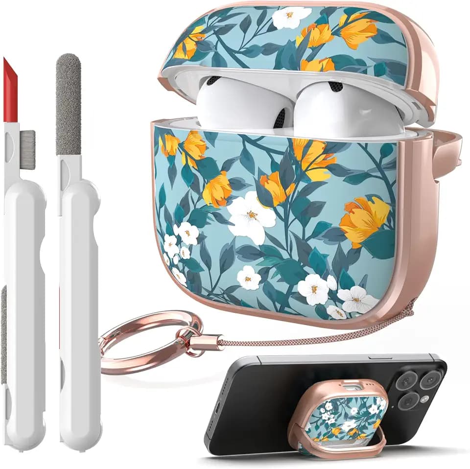 TATOFY Lock Case for Airpods 4 Case, Flowers Hard iPod 4th Cover for Women Girls with Phone Stand Cleaner Kit (Cyan, AirPods 4th)