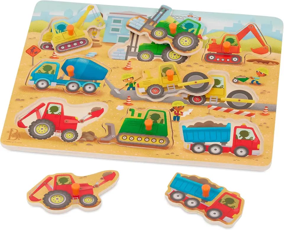 B. toys Wooden Peg Puzzle, Peek & Explore Construction Trucks Toy