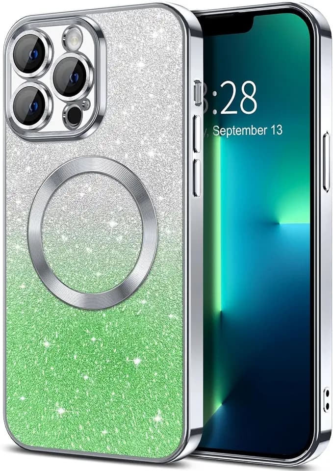 Hython for iPhone 13 Pro Case Clear Magnetic Glitter Phone Cases [Compatible with MagSafe] Full Camera Lens Protector Slim Gradient Sparkle Luxury Plating Shockproof Protective Cover Women, Silver