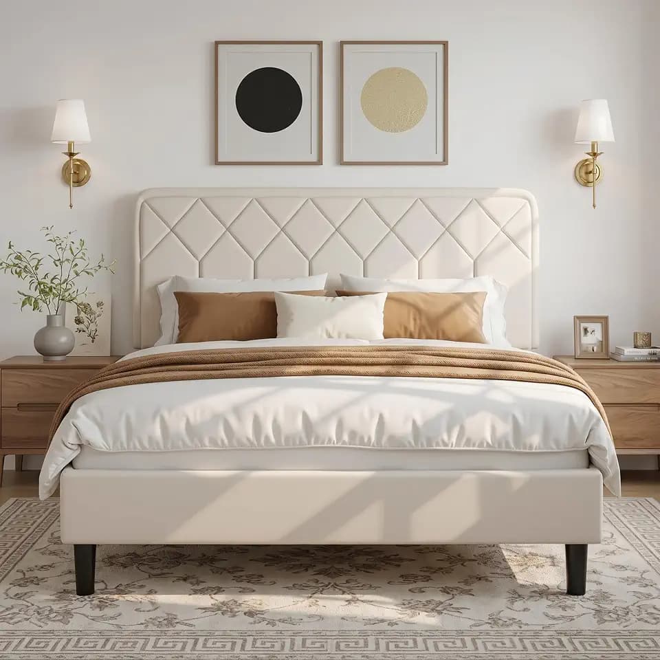 VECELO Doppelbett, gepolstert, 140 x 190 cm, Plattformrost mit verstellbarem Kopfteil, Lattenrost aus stabilem Holz, hochwertiger Samtstoff, einfach zu montieren, Beige