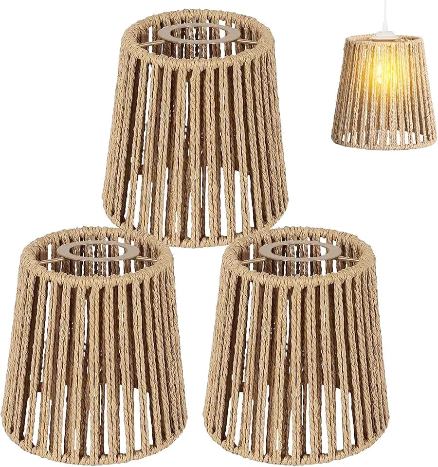Boho Rattan Lampenschirm Klein, 3 Stück Lampenschirm Rattan, E27 Lampenschirme, Papierlampenschirm für Stehlampe, Tischlampe, Pendelleuchten, Spiegelleuchten, Hängelampenschirme, 14 x 14 cm