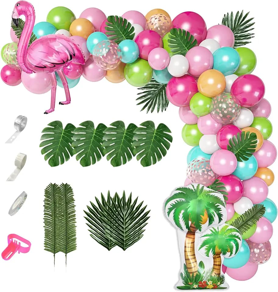 132Pcs Tropical Flamingo Balloons Garland Kit with Hawaiian Foil Balloons
