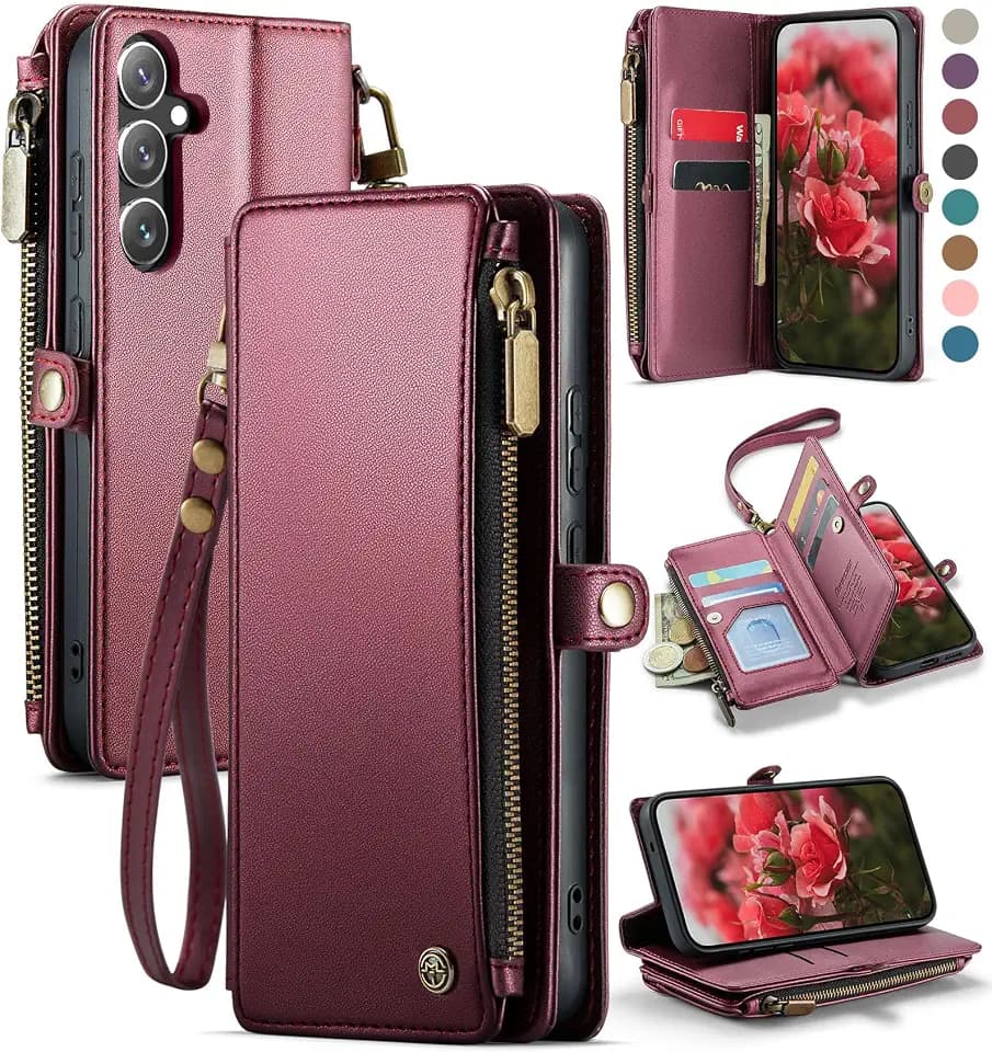 Defencase for Samsung Galaxy S25 Wallet Case with RFID Card Holder, WineRed
