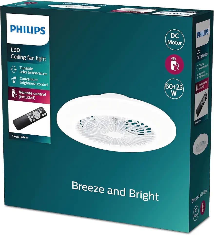 Philips Amigo Deckenventilator mit LED inkl. Fernbedienung, 58 cm, Weiß | Runde LED Deckenleuchte mit Ventilator, 6 Geschwindigkeitsstufen, 25 W + 60 W, Scene Switch Technologie für 3 Lichtszenen