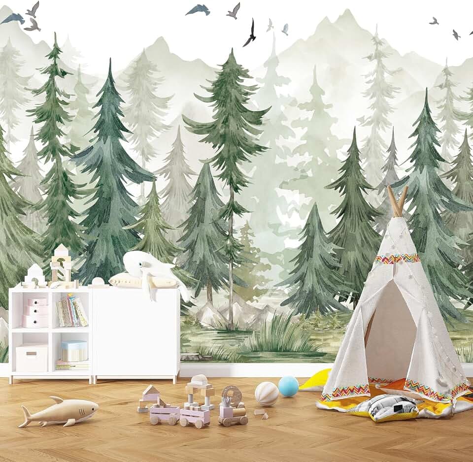 HLNIUC Kids Room Green Forest Wallpaper, Watercolor Woodland Wall Mural, Jungle Green Mountain Mural for Nursery Room, Bedroom, Offices - 141" W x 96" H (Not Peel and Stick)