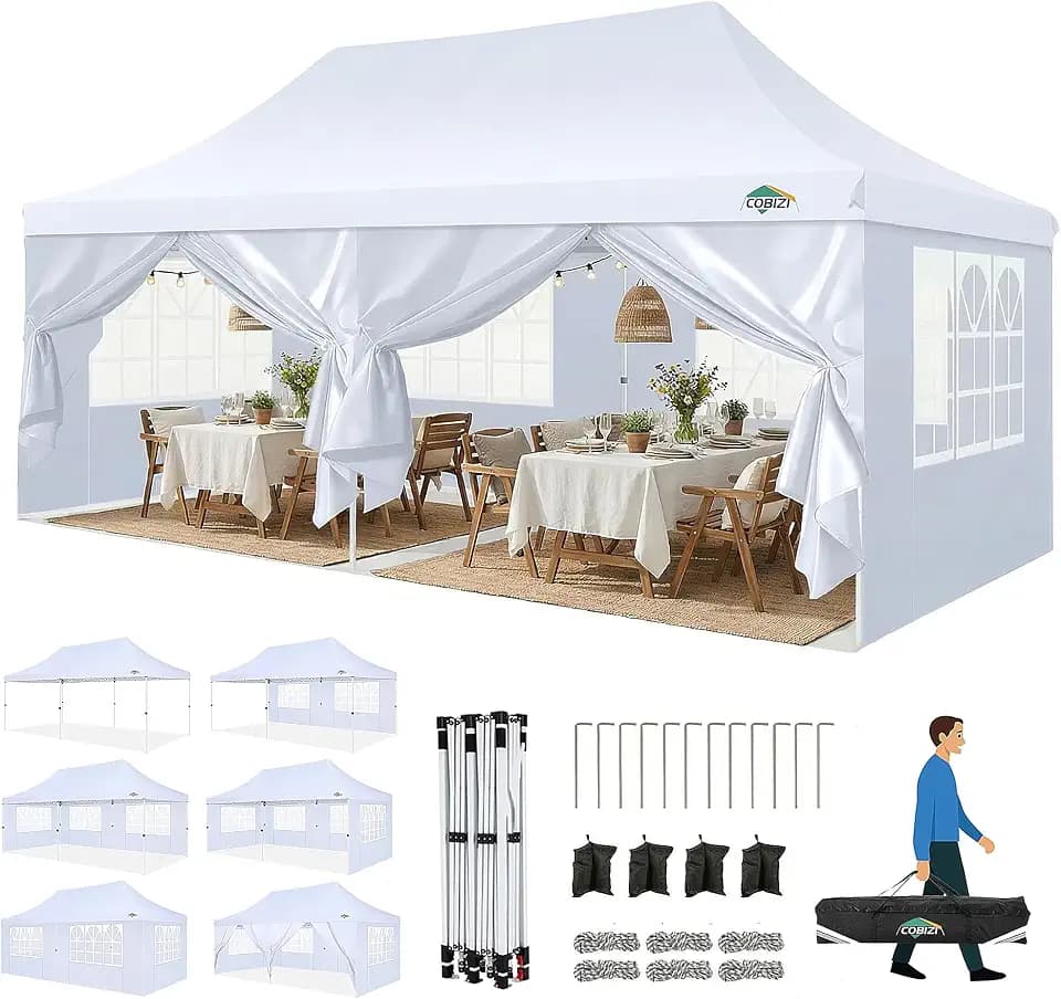 COBIZI Faltpavillon 3X6, Pavillon 3x6m Wasserdicht Stabil Winterfest, Faltbar Partyzelt mit 6 Seitenwänden & 4 Sandsack Pop up Gartenpavillon Anti-UV für Hochzeiten, Freien, Weiß