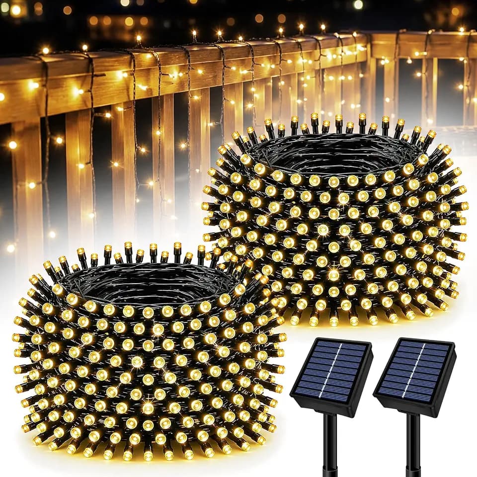Solar String Lights Outdoor 2 Pack Total 66FT 200LED Solar Fairy Lights Waterproof 8 Modes Twinkle Solar Lights for Patio, Garden Yard Party Wedding Tree Christmas Halloween Decoration, Warm White