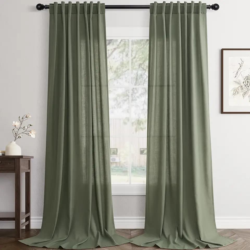 Jowels Olive Green Linen Curtains 90 Inch Long 2 Panels for Living Room