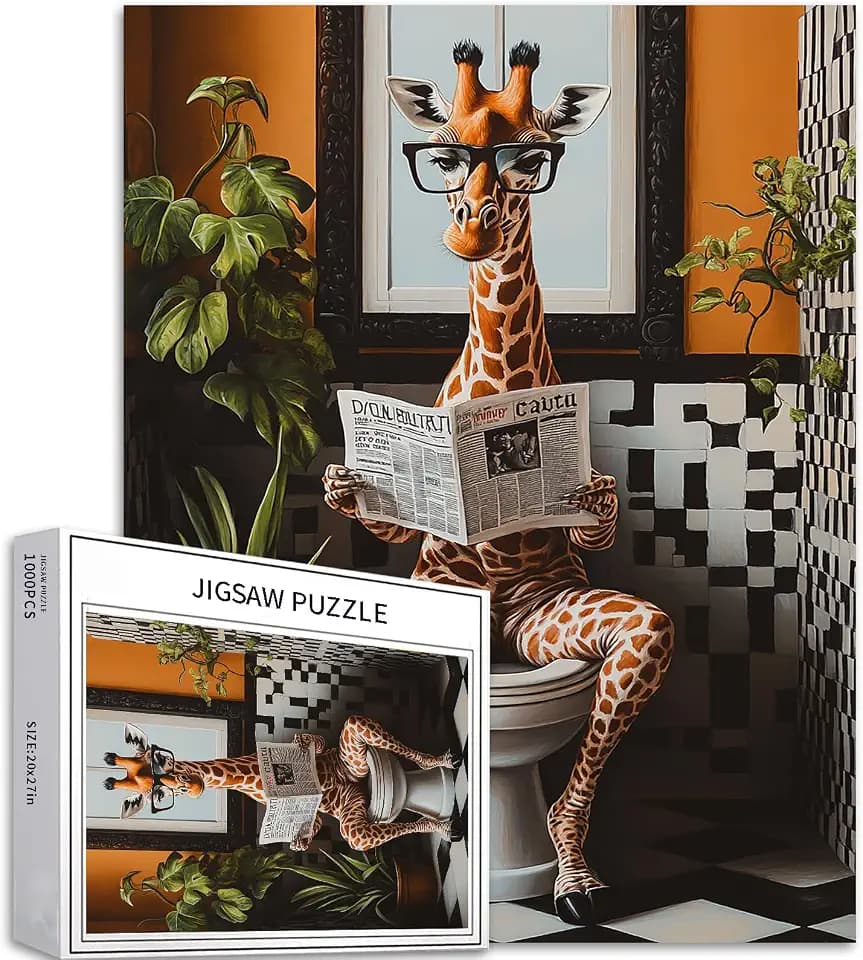 Giraffe on Toilet 1000 Piece Jigsaw Puzzles for Adults Cute Funny Giraffe Nordic Bathroom Art Puzzle Challenging Family Activity Games Colorful DIY Craft Puzzle for Home Decor Gifts 20×27 Inches