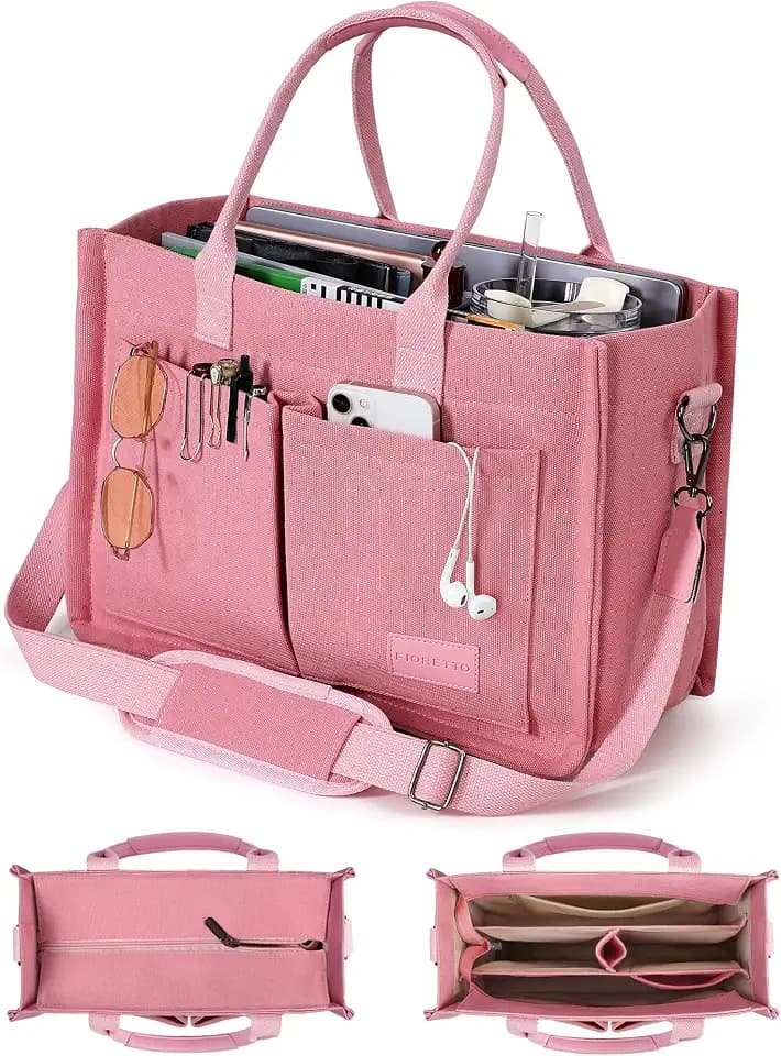 FIORETTO Canvas Tote Bag for Women with Zipper Closure & Individual Compartments for Work College for Teacher & Nurse