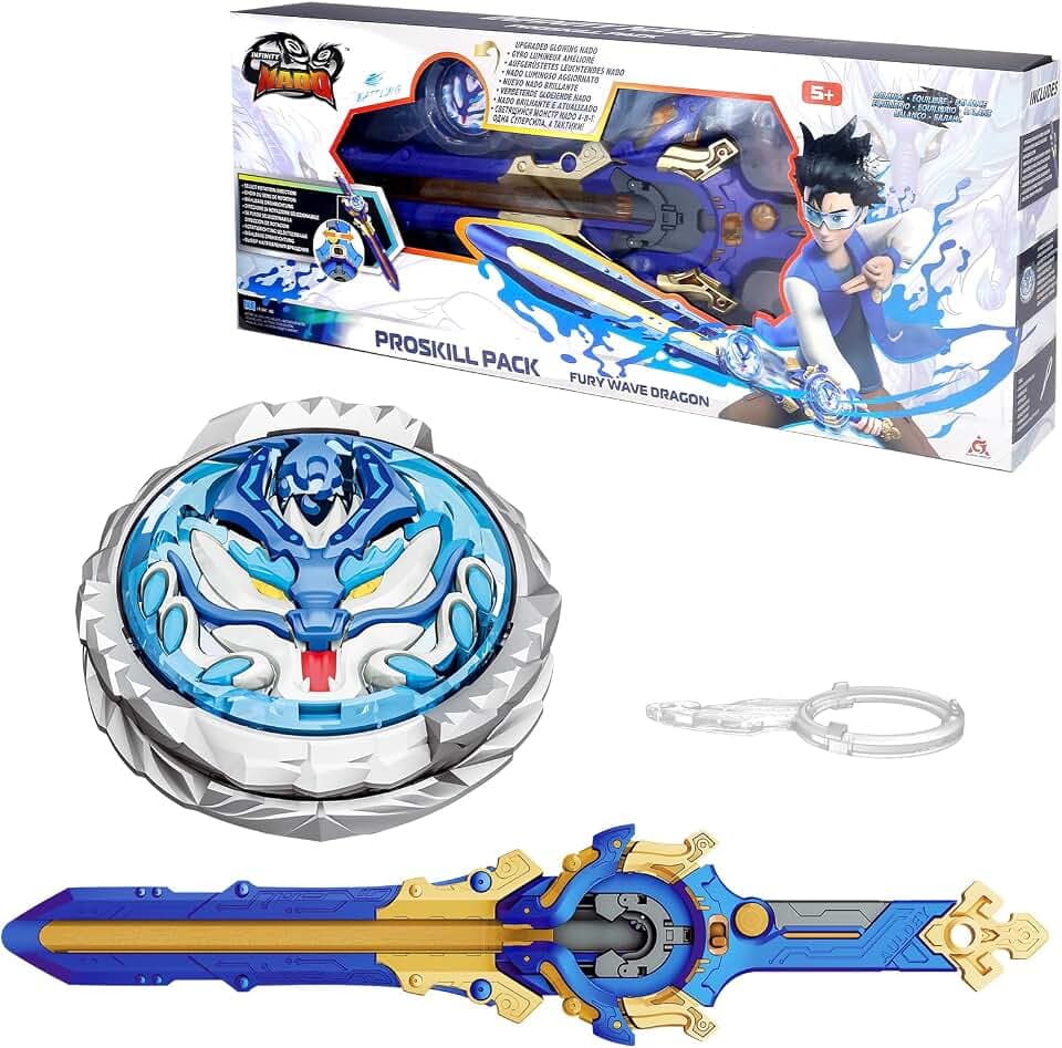 INFINITY NADO Battling top with Sword Launcher, Metal Glowing battling top, Balance Type Right/Left-Spinning Top Game Toys Battle Top Starter Pack Set, for Boys Girls 5+, Fury Wave Dragon, Blue
