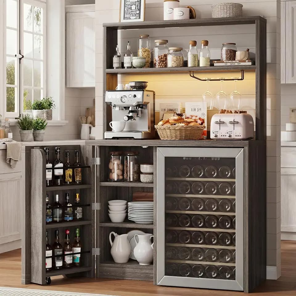 Jocoevol Coffee Bar Cabinet with Fridge Space, Mini Fridge Cabinet with Power Outlets and Glass Holder, Farmhouse Design Liquor Cabinet Bar for Home, Living Room, Kitchen, Grey